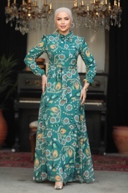 Neva Style - Çiçek Desenli Yeşil Tesettür Elbise 279326Y - Thumbnail