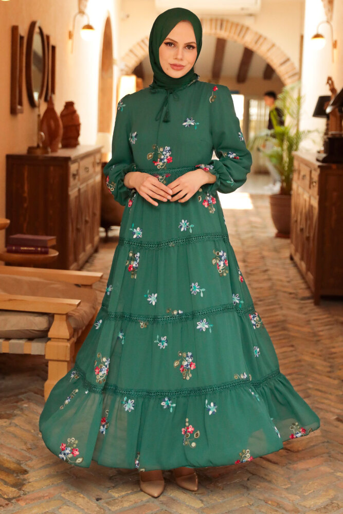 Neva Style - Çiçek Desenli Yeşil Tesettür Elbise 32811Y - 1