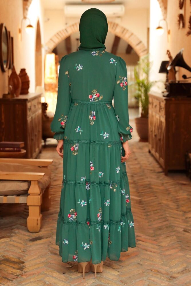 Neva Style - Çiçek Desenli Yeşil Tesettür Elbise 32811Y - 2