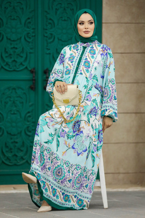 Neva Style - Çiçek Desenli Yeşil Tesettür Elbise 50621Y - 7