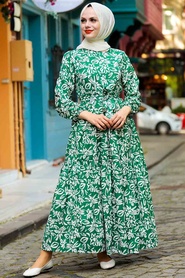 Neva Style - Çiçek Desenli Yeşil Tesettür Elbise 5192Y - Thumbnail