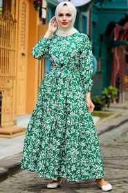 Neva Style - Çiçek Desenli Yeşil Tesettür Elbise 5192Y - Thumbnail