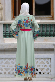 Neva Style - Çiçek Desenli Yeşil Tesettür Elbise 7719Y - Thumbnail