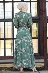 Neva Style - Çiçek Desenli Yeşil Tesettür Elbise 81390Y - Thumbnail