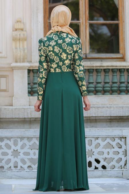 Neva Style - Çiçek Desenli Yeşil Tesettürlü Abiye Elbise 2699Y - 2