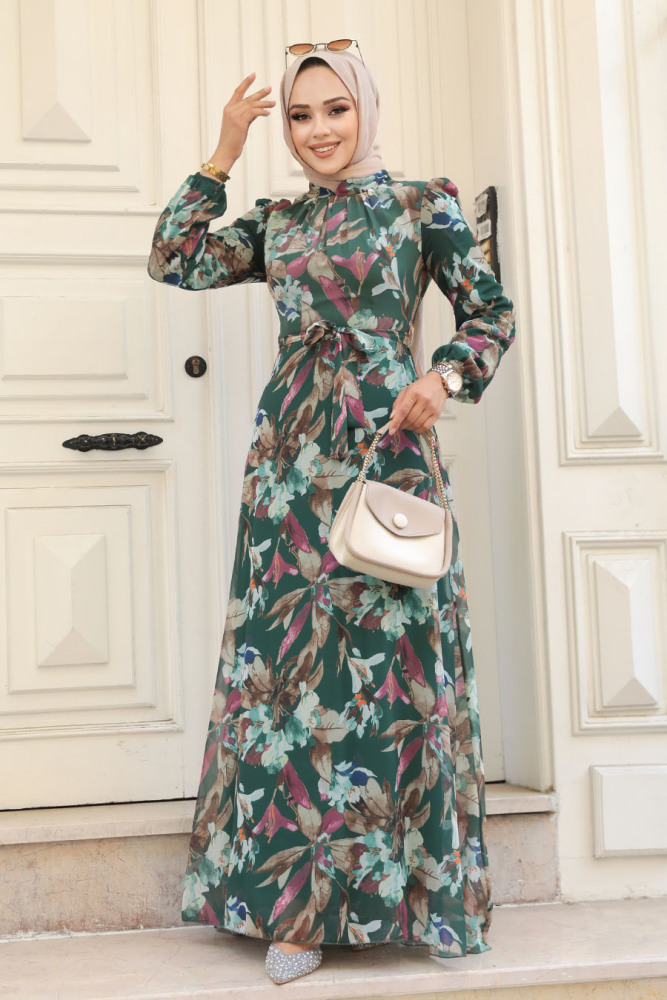 Neva Style - Çiçek Desenli Zümrüt Yeşili Tesettür Elbise 27941ZY - 2