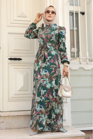 Neva Style - Çiçek Desenli Zümrüt Yeşili Tesettür Elbise 27941ZY - 1