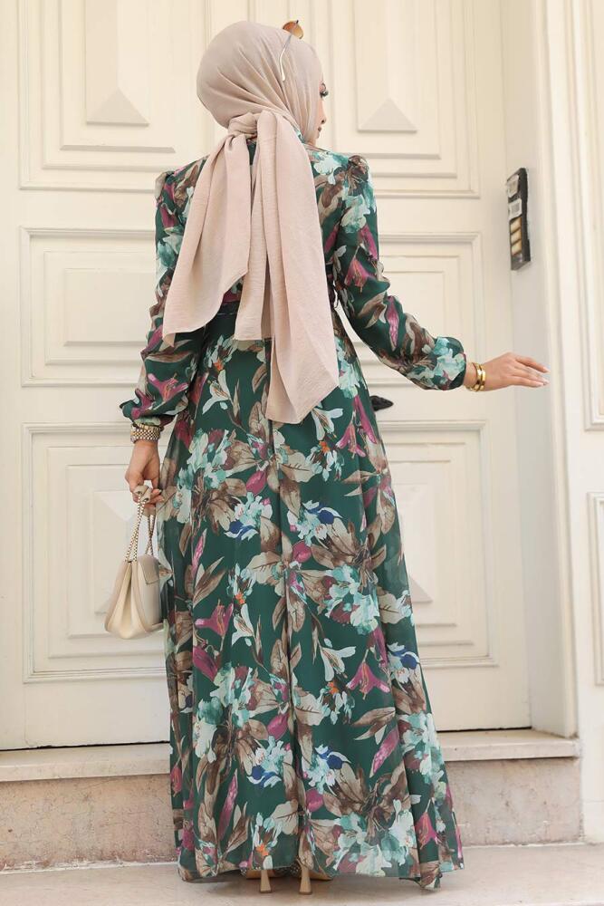 Neva Style - Çiçek Desenli Zümrüt Yeşili Tesettür Elbise 27941ZY - 3