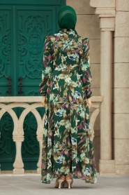 Neva Style - Çiçek Desenli Zümrüt Yeşili Tesettür Elbise 27941ZY - Thumbnail