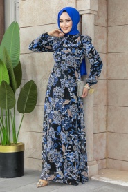 Neva Style - Çiçek Desenli İndigo Mavisi Tesettür Elbise 27950IM - Thumbnail