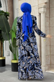 Neva Style - Çiçek Desenli İndigo Mavisi Tesettür Elbise 27950IM - Thumbnail