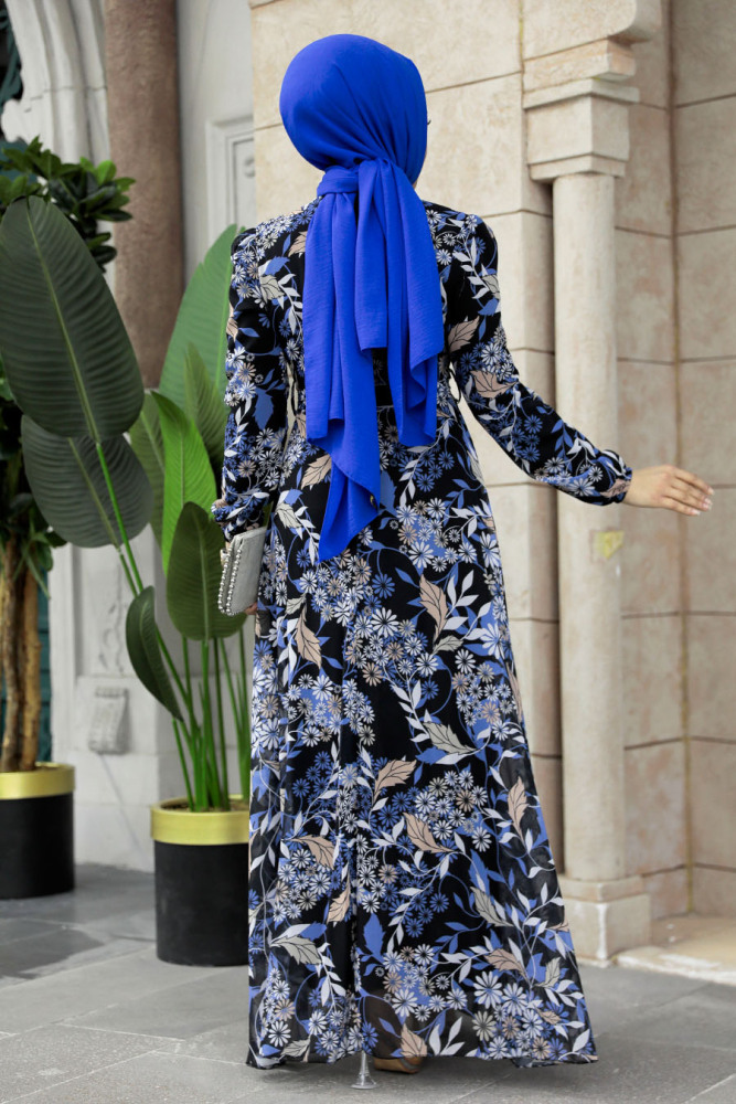 Neva Style - Çiçek Desenli İndigo Mavisi Tesettür Elbise 27950IM - 4