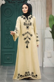 Neva Style - Çiçek Detaylı Bej Tesettür Elbise 11153BEJ - Thumbnail