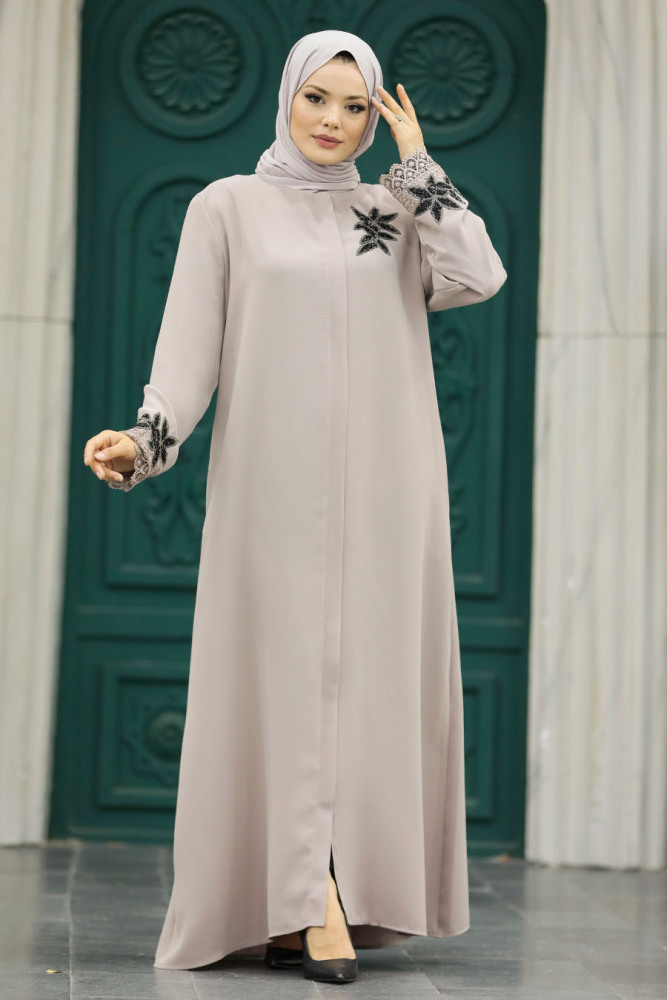 Neva Style - Çiçek Detaylı Bej Tesettür Ferace 62533BEJ - 1