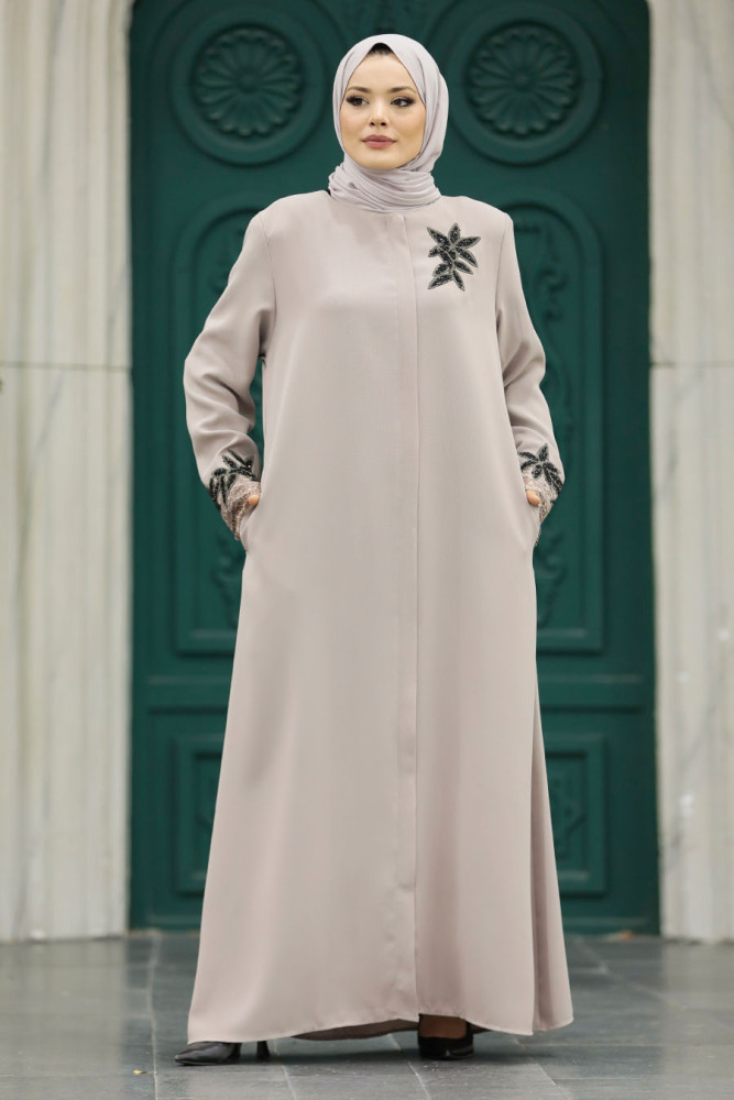 Neva Style - Çiçek Detaylı Bej Tesettür Ferace 62533BEJ - 2