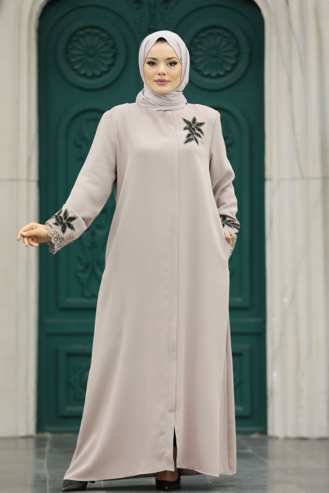 Neva Style - Çiçek Detaylı Bej Tesettür Ferace 62533BEJ - 3