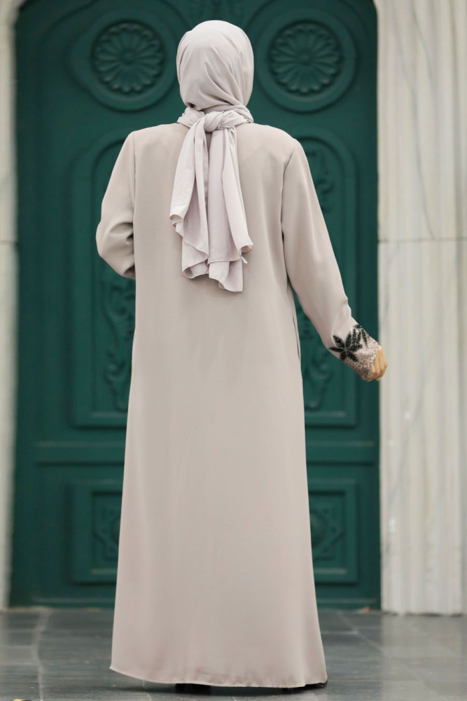 Neva Style - Çiçek Detaylı Bej Tesettür Ferace 62533BEJ - 4