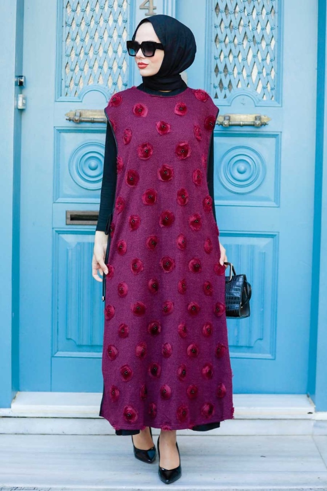 Neva Style - Çiçek Detaylı Bordo Tesettür Triko İkili Takım 30701BR - 1