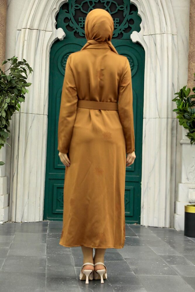  Çiçek Detaylı Camel Tesettür Elbise 1447C - 3
