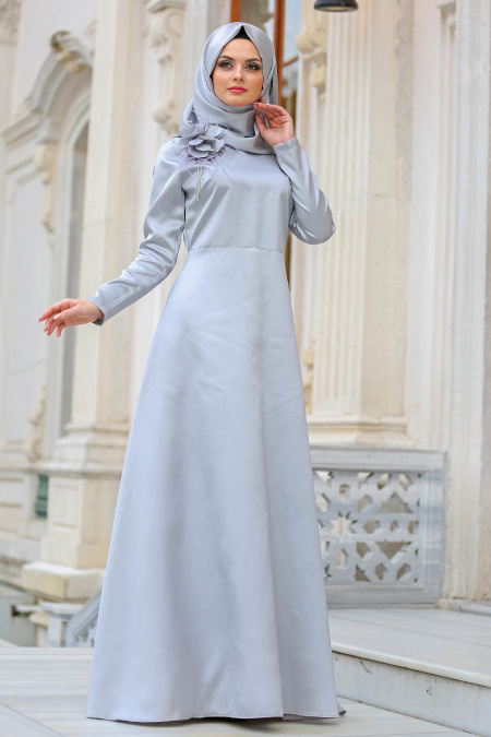 Neva Style - Çiçek Detaylı Gri Tesettür Abiye Elbise 3557GR