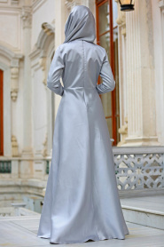 Neva Style - Çiçek Detaylı Gri Tesettür Abiye Elbise 3557GR - Thumbnail