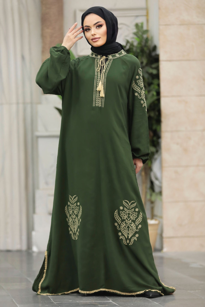  Çiçek Detaylı Haki Tesettür Elbise 10135HK - 2