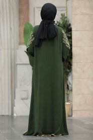 Neva Style - Çiçek Detaylı Haki Tesettür Elbise 10135HK - Thumbnail