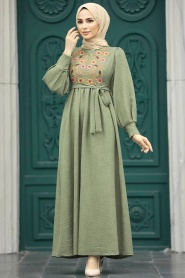 Neva Style - Çiçek Detaylı Haki Tesettür Elbise 5914HK - Thumbnail