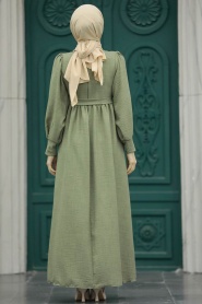 Neva Style - Çiçek Detaylı Haki Tesettür Elbise 5914HK - Thumbnail
