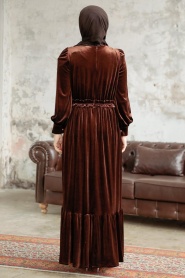 Neva Style - Çiçek Detaylı Kahverengi Tesettür Kadife Elbise 3713KH - Thumbnail