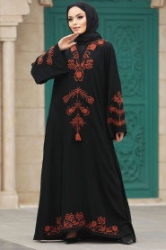 Neva Style - Çiçek Detaylı Kiremit Tesettür Elbise 10153KRMT - Thumbnail