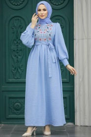Neva Style - Çiçek Detaylı Mavi Tesettür Elbise 5914M - Thumbnail