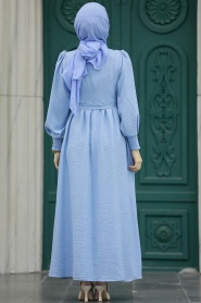 Neva Style - Çiçek Detaylı Mavi Tesettür Elbise 5914M - Thumbnail