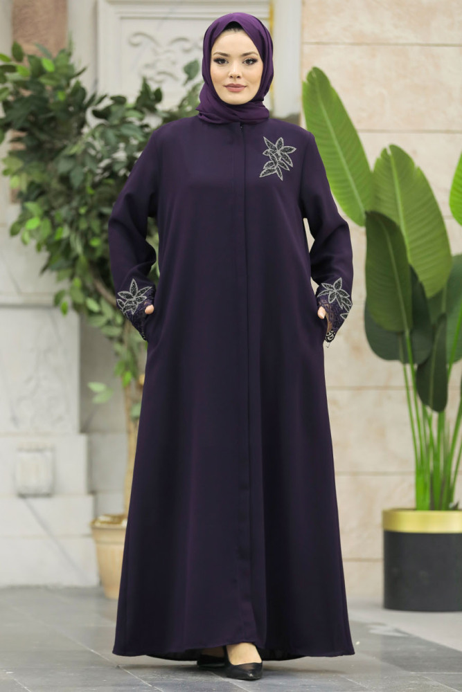 Neva Style - Çiçek Detaylı Mürdüm Tesettür Ferace 62533MU - 3