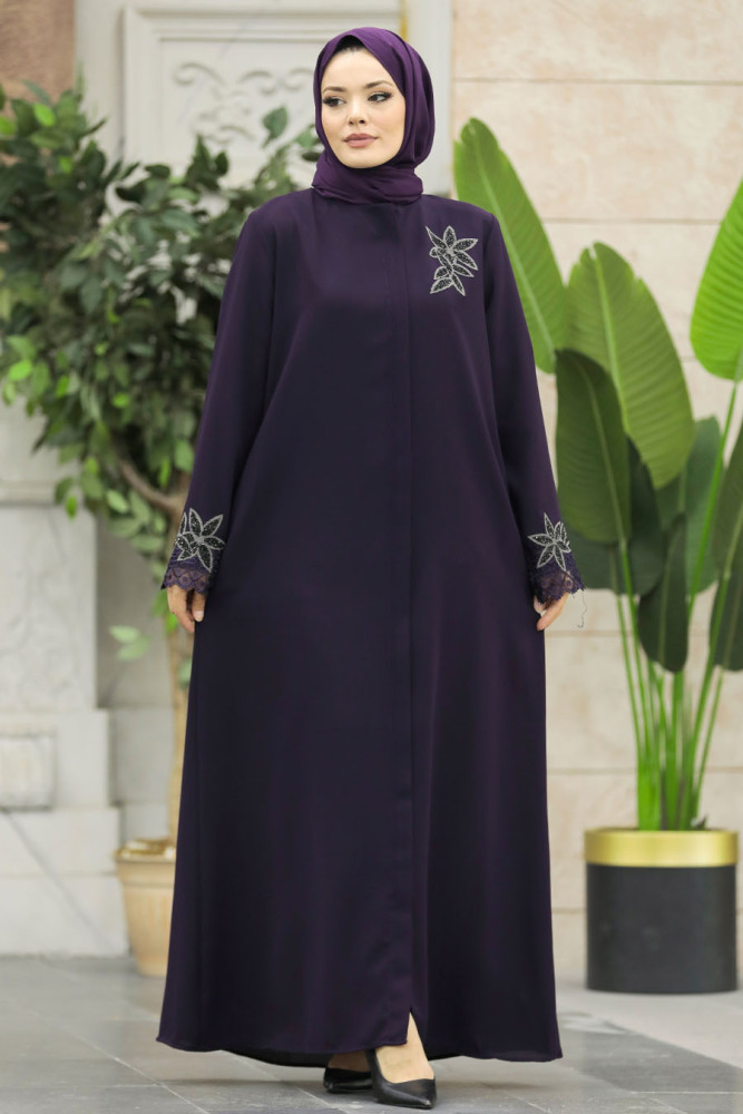 Neva Style - Çiçek Detaylı Mürdüm Tesettür Ferace 62533MU - 1