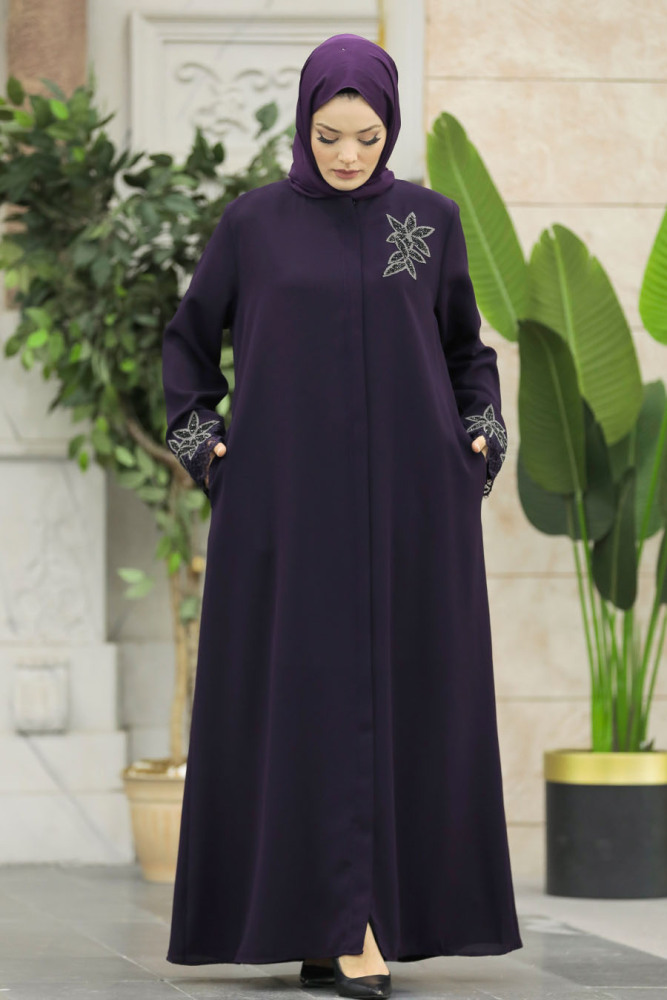 Neva Style - Çiçek Detaylı Mürdüm Tesettür Ferace 62533MU - 2