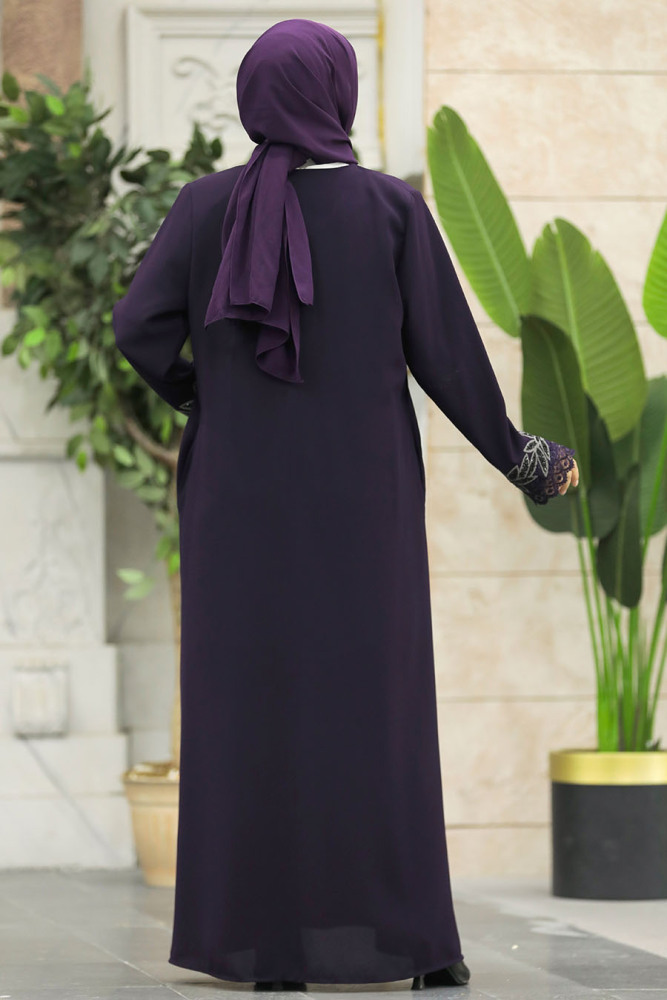 Neva Style - Çiçek Detaylı Mürdüm Tesettür Ferace 62533MU - 4