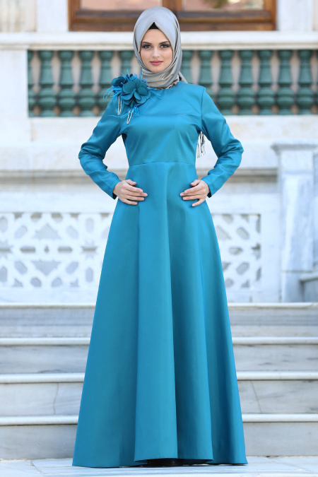 Neva Style - Çiçek Detaylı Petrol Mavisi Tesettür Abiye Elbise 3557PM