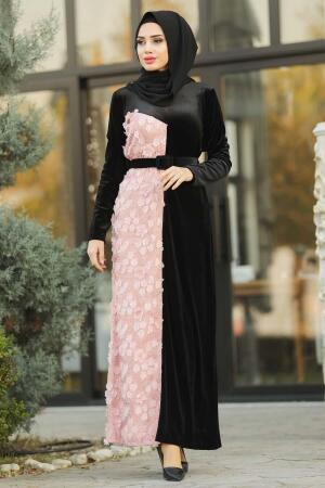 Neva Style - Çiçek Detaylı Pudra Tesettür Kadife Elbise 12064PD - 1