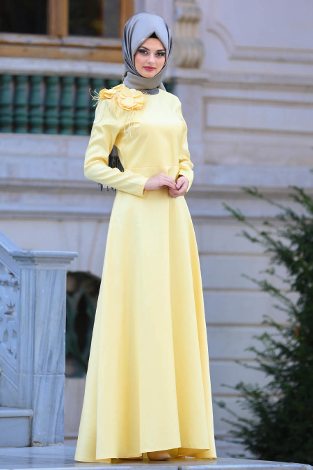 Neva Style - Çiçek Detaylı Sarı Tesettür Abiye Elbise 3557SR