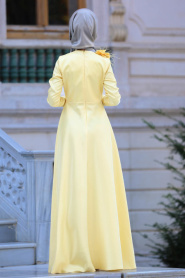 Neva Style - Çiçek Detaylı Sarı Tesettür Abiye Elbise 3557SR - Thumbnail