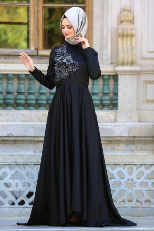 Neva Style - Çiçek Detaylı Siyah Tesettür Abiye Elbise 3577S - 1