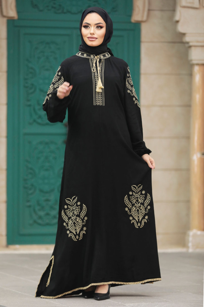  Çiçek Detaylı Siyah Tesettür Elbise 10135S - 3