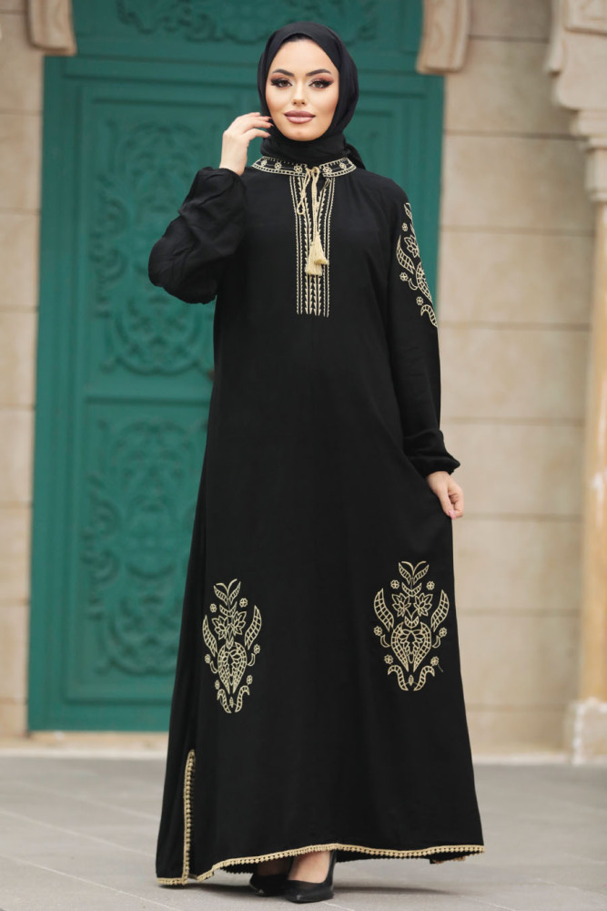  Çiçek Detaylı Siyah Tesettür Elbise 10135S - 4