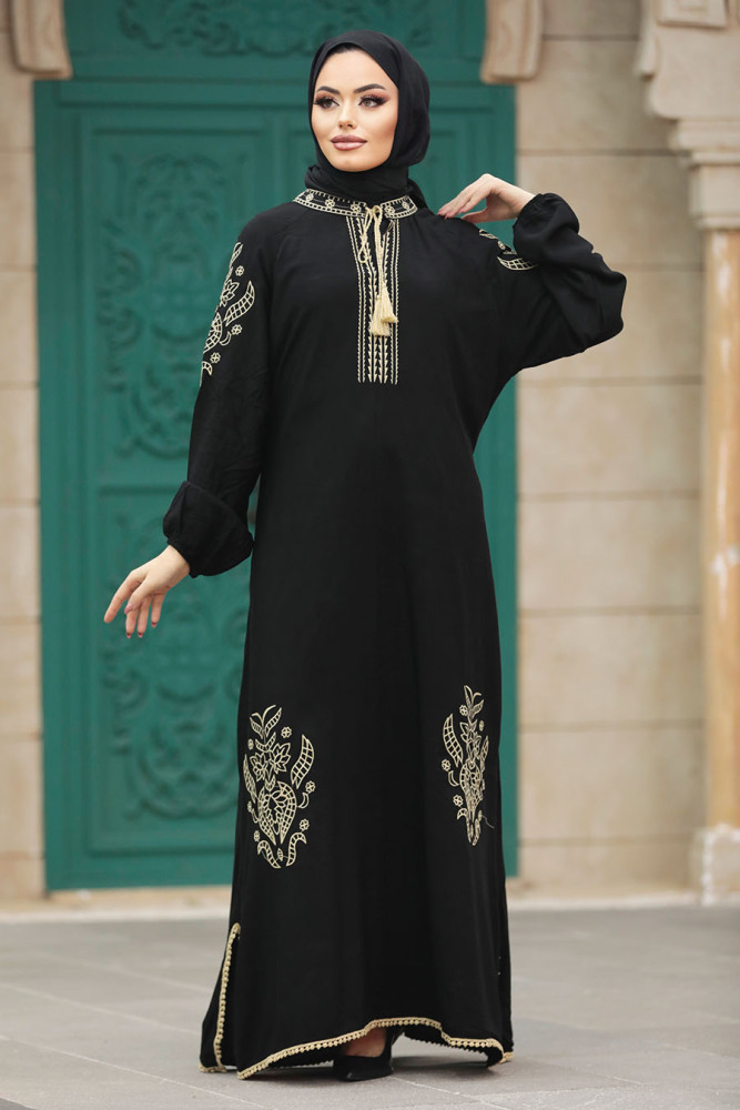  Çiçek Detaylı Siyah Tesettür Elbise 10135S - 1