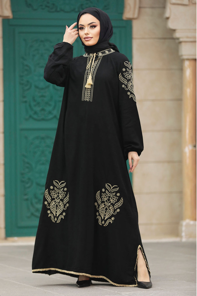  Çiçek Detaylı Siyah Tesettür Elbise 10135S - 2