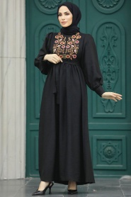 Neva Style - Çiçek Detaylı Siyah Tesettür Elbise 5914S - Thumbnail