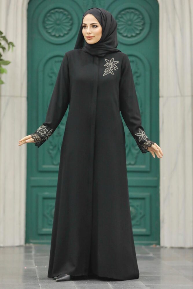 Neva Style - Çiçek Detaylı Siyah Tesettür Ferace 62533S - 1