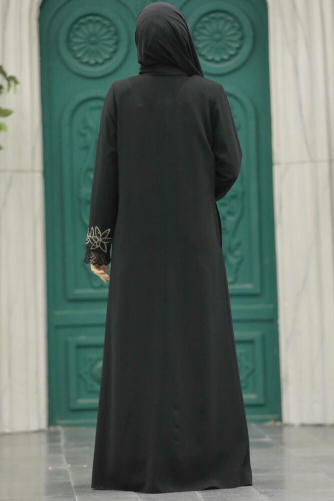 Neva Style - Çiçek Detaylı Siyah Tesettür Ferace 62533S - 2