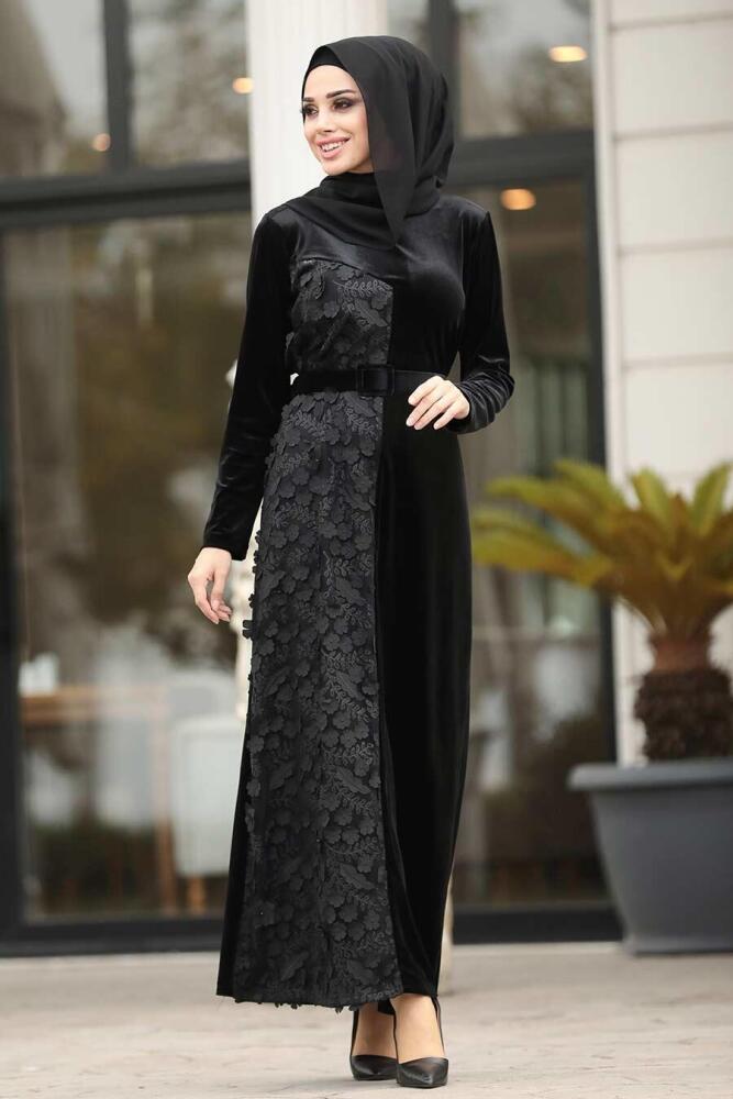 Neva Style - Çiçek Detaylı Siyah Tesettür Kadife Elbise 12064S - 1